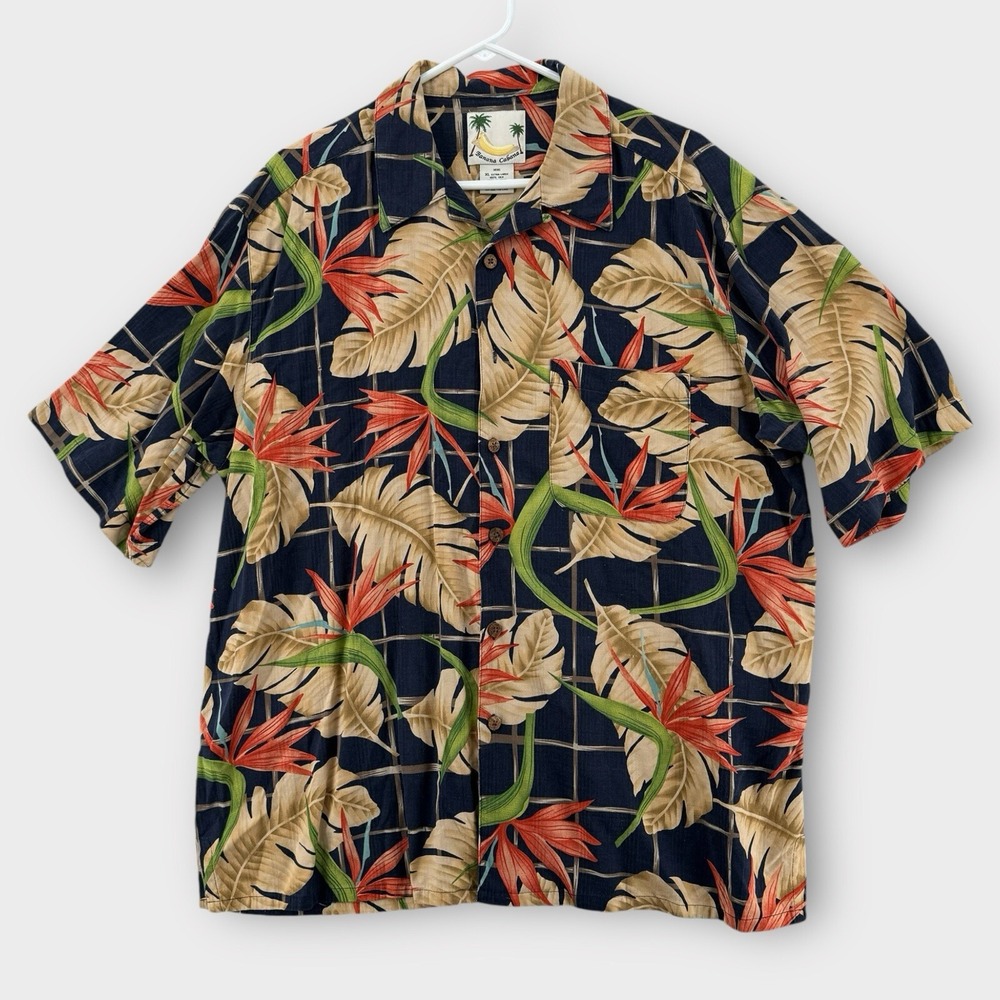 Banana Cabana Hawaiian Shirt Mens XL Tropical Button Up Short Sleeve Silk Aloha‎